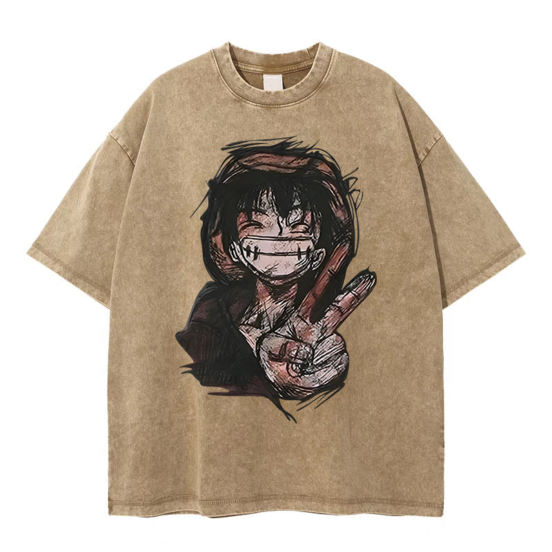 Monkey D Luffy Vintage Washed Oversized T - Shirt | Anime Graphic Tee